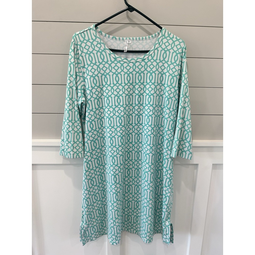Lulu B‎ Teal White Geometric Print 3/4 Sleeve Dress Size L Beach Resort